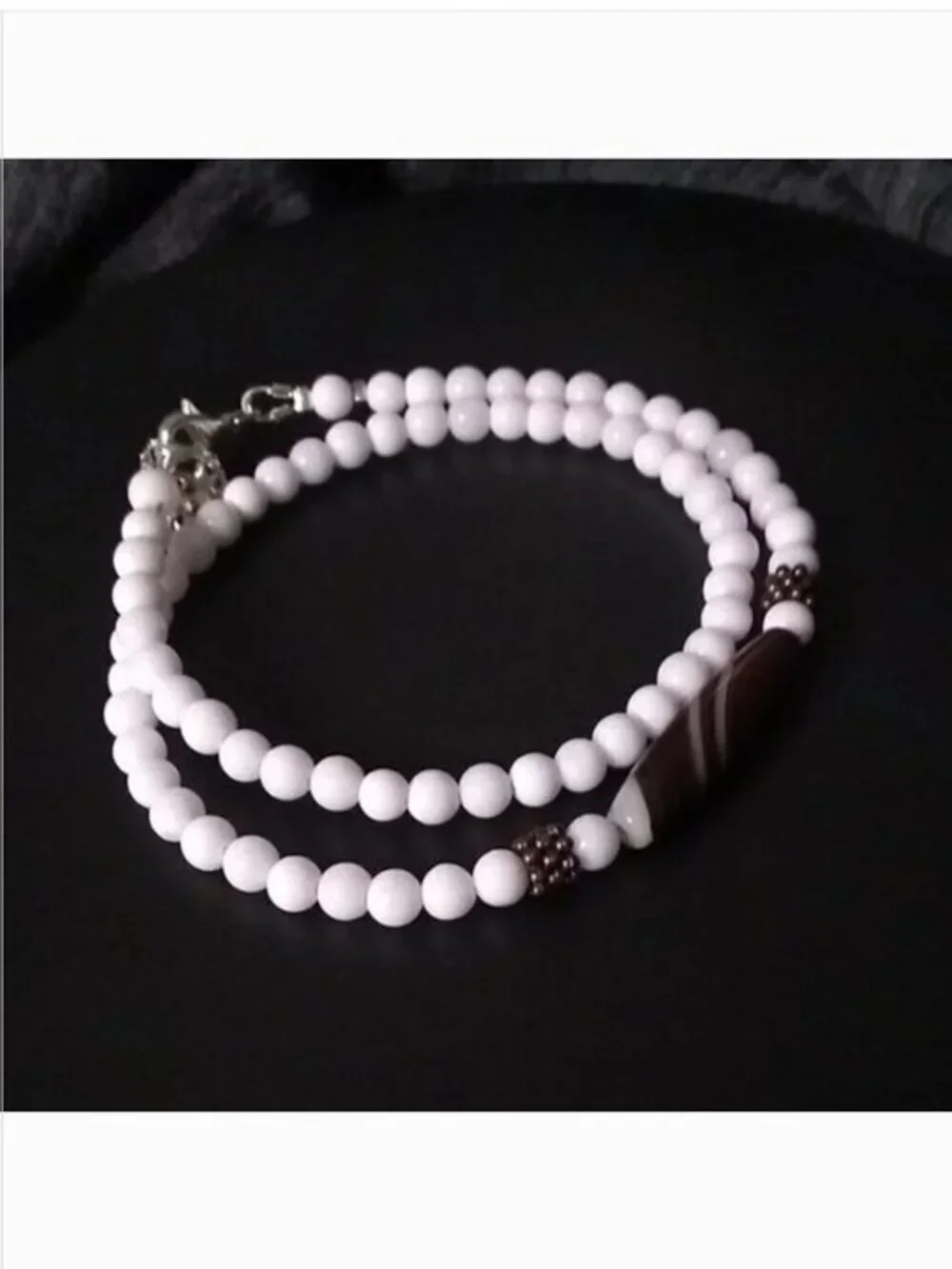 Dainty Slimline Wrap Bracelet – Brown Banded Agate & White Ceramic Beads (7